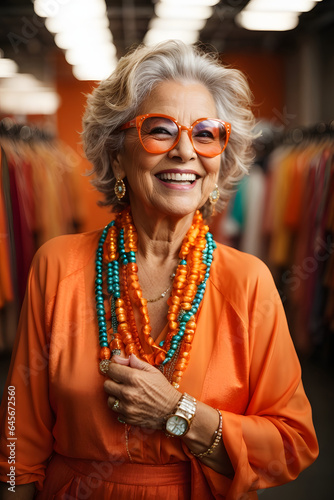 Happy senior woman in colorful orange outfit, cool sunglasses, laughing and having fun in fashion studio. Image created using artificial intelligence.