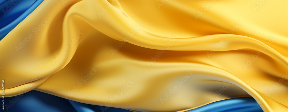 yellow satin fabric on blue background. Generative Ai
