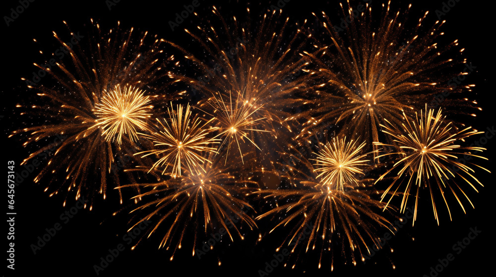 Naklejka premium golden fireworks on a dark background. Generative Ai