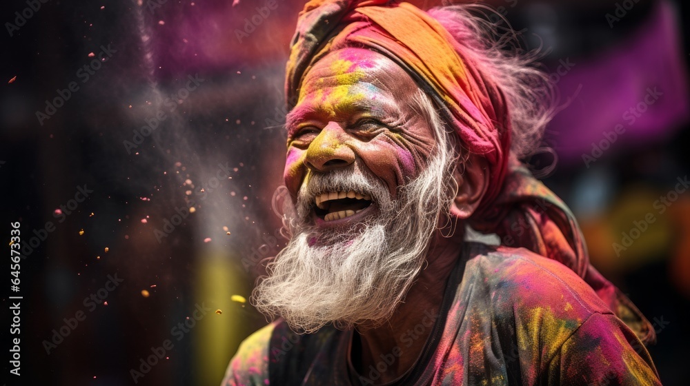 Portrait of a Happy elderly Indian man with a beard at the Holi color festival in India. Senior Indian man covered in bright powder at Holi colors celebration. Laughing male covered in vivid powder
