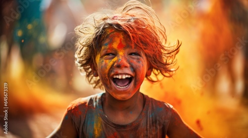 Happy kid having fun at the Holi color festival in India. Indian boy's face covered in bright powder at Holi colors celebration in Asia. Laughing Child covered in colorful powder at holi.