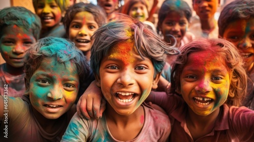 Group of kids having fun at Holi color festival in India. Party of young people having fun at Holi colors celebration in Asia. Holi color festival concept. Laughing children covered in colorful powder