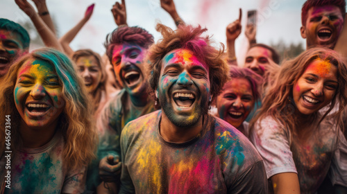 Group of young people having fun at Holi color festival in India. Company of young people having fun at Holi colors celebration in Asia. Holi color festival concept. Cheerful adults covered in powder.