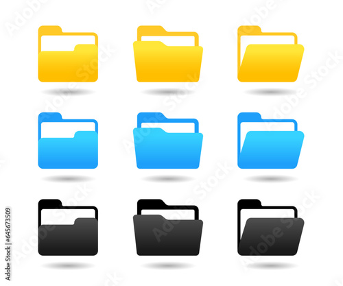 Folder icon set. Open folder and close folder icon. Folders with documents icon set.