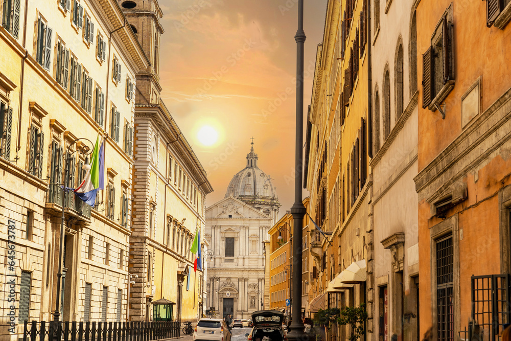 Roman architecture and streets around St. Peter's Basilica, Cathedral and Via della Conciliazione square in Rome. Vatican City Rome. Italy.