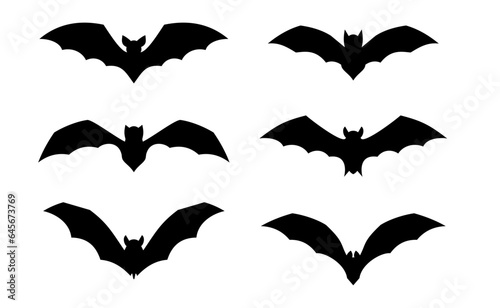 Flying bat set. Halloween vampire silhouette. Horror  creepy and spooky