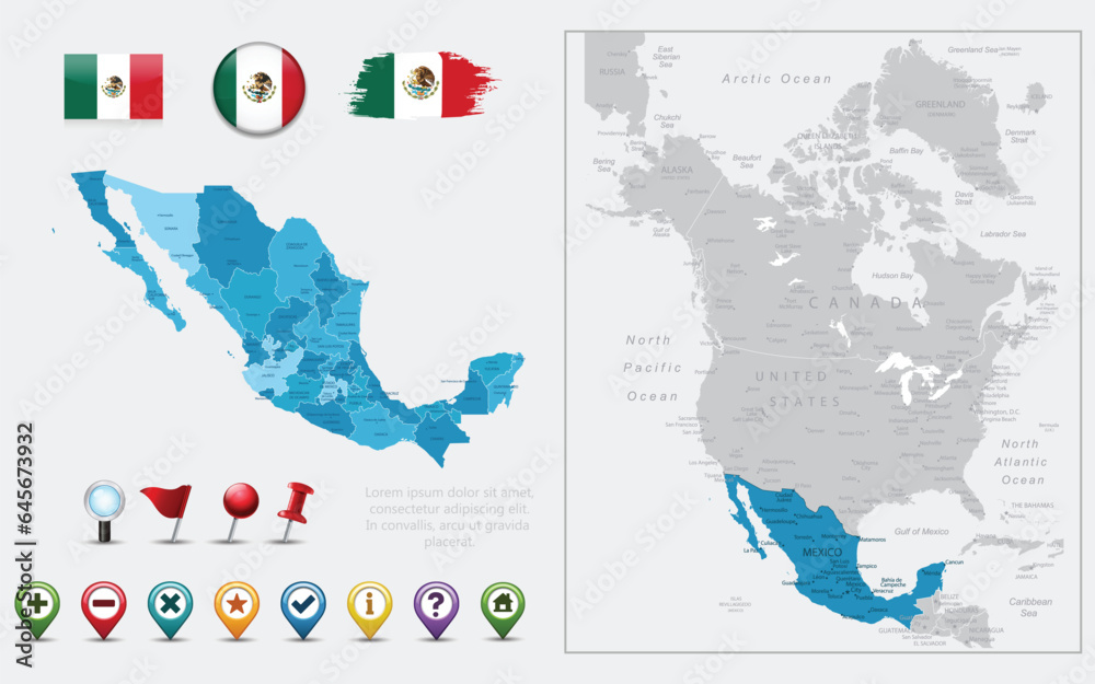 Obraz premium Mexico map, flag and navigation icons. Vector illustration