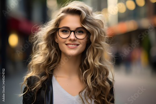 Blond attractive smiling woman in glasses