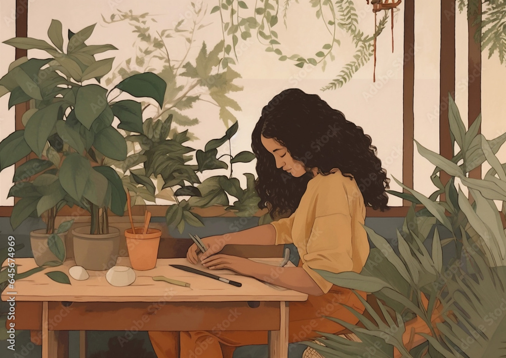 pot woman botanist houseplant hobby caucasian entrepreneur flower florist indoor gardener. Generative AI. pot woman botanist houseplant hobby caucasian entrepreneur flower florist indoor gardener. Generative AI.