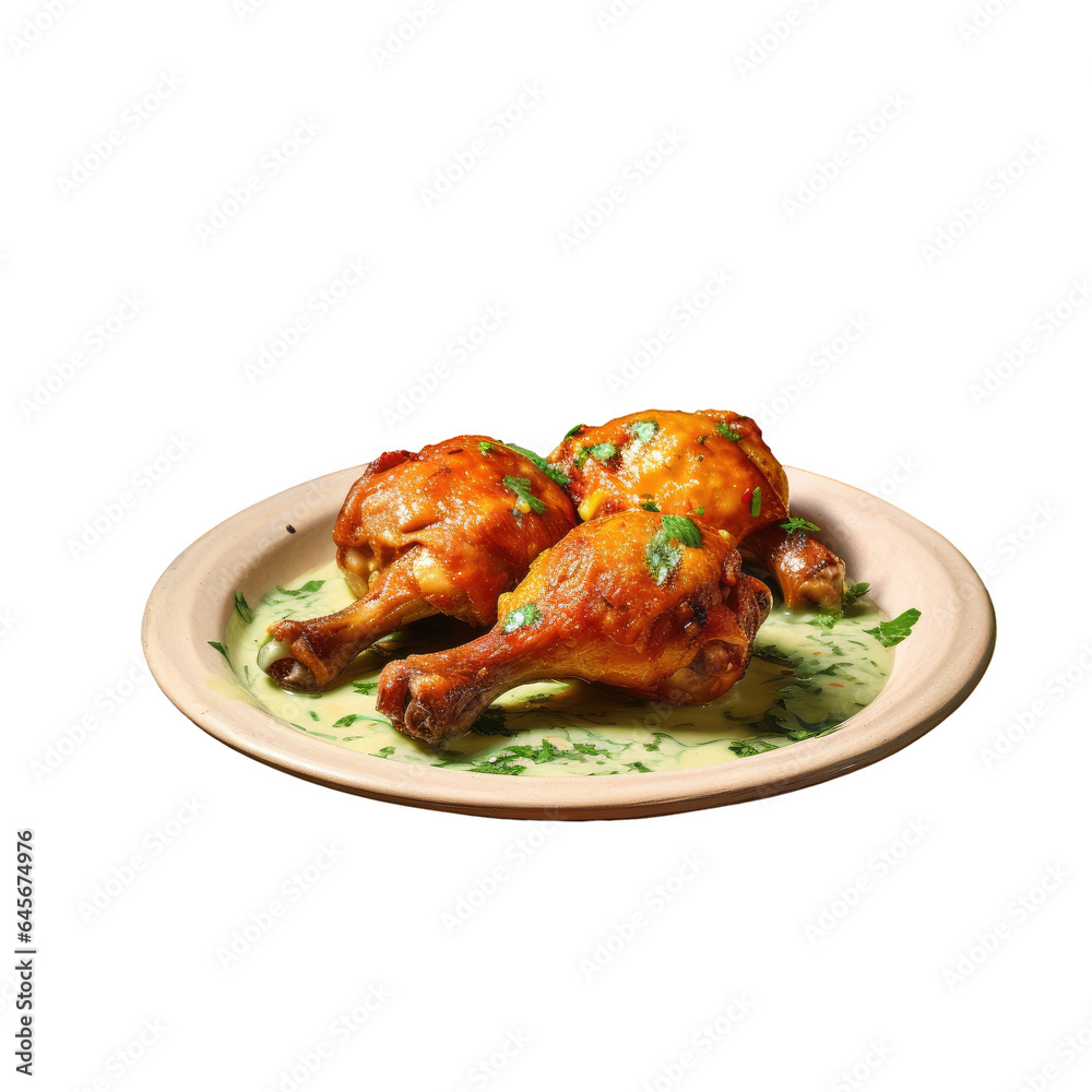 Chicken legs served with condiment and greens transparent background