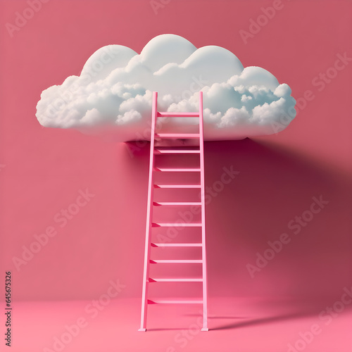 Success concept ladder leading to cloud. Minimalistic 3d image on pink background