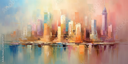 City View with Skyline Reflections on Water in Style of Pastel Colors Enchanted Luminous Brushstrokes © Image Lounge