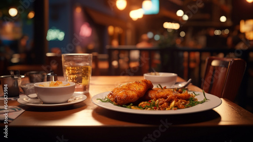 A popular dish in a restaurant, very tasty, for which any girl is ready to pay with love, in the background of the restaurant.