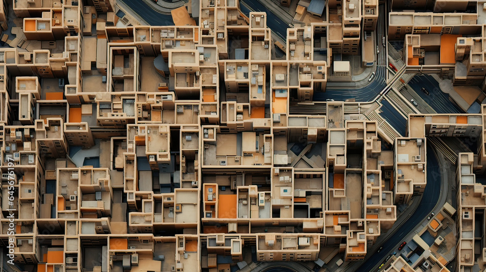 An intricate bird's-eye view of a city's geometric street patterns. AI generative An intricate bird's-eye view of a city's geometric street patterns. AI generative
