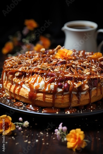 Traditional Thanksgiving Pumpkin Tart with Fall decoration.