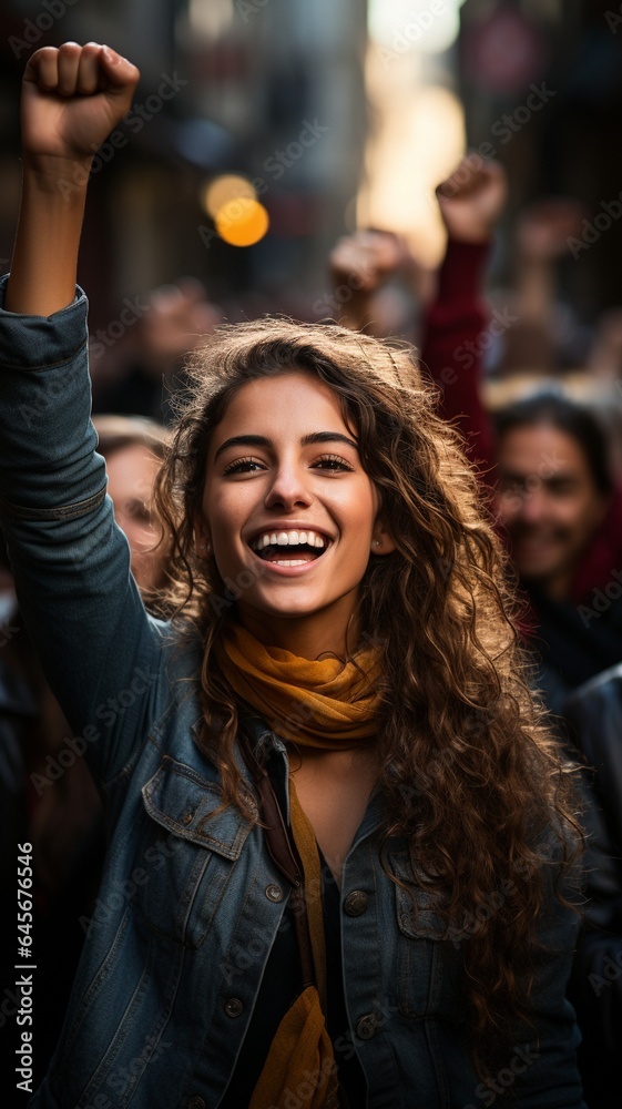 young woman making a fist-raising protest in the street - obrazy, fototapety, plakaty 
