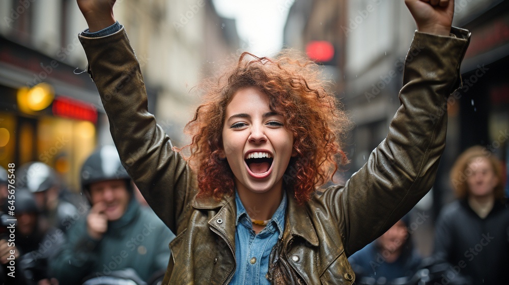 young woman making a fist-raising protest in the street young woman making a fist-raising protest in the street