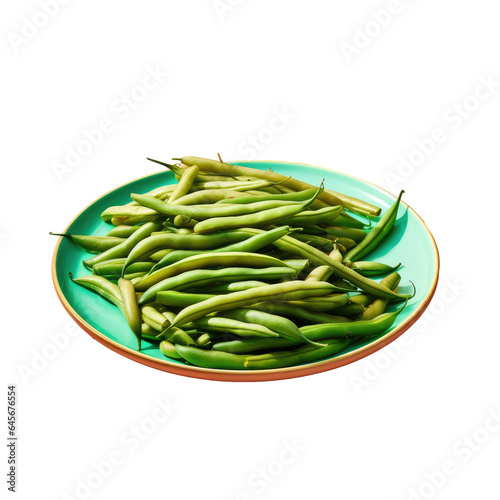Green beans on a black plate appetizingly presented transparent background