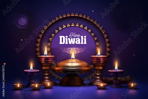 A banner wishing everyone a Happy Diwali with a lit Santosh, designed in the style of dark azure and bronze photo