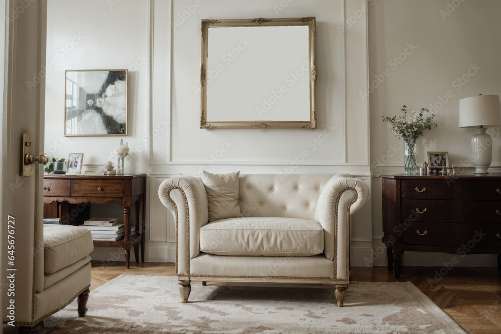 Luxurious interior mockup with a picture frame and white leather chair. Luxurious interior mockup with a picture frame and white leather chair.
