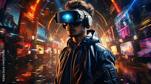 Metaverse digital cyber world technology, people with virtual reality VR goggle playing AR augmented reality game and entertainment, futuristic metaverse gameFi NFT game ideas, Generative AI