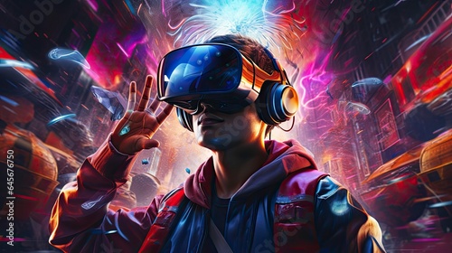 Metaverse digital cyber world technology, people with virtual reality VR goggle playing AR augmented reality game and entertainment, futuristic metaverse gameFi NFT game ideas, Generative AI © kanesuan