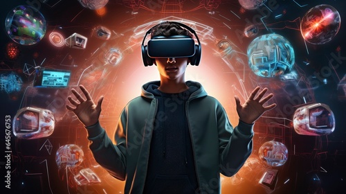 Metaverse digital cyber world technology  people with virtual reality VR goggle playing AR augmented reality game and entertainment  futuristic metaverse gameFi NFT game ideas  Generative AI