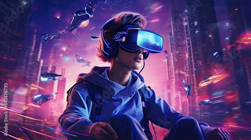 Metaverse digital cyber world technology, people with virtual reality VR goggle playing AR augmented reality game and entertainment, futuristic metaverse gameFi NFT game ideas, Generative AI © kanesuan
