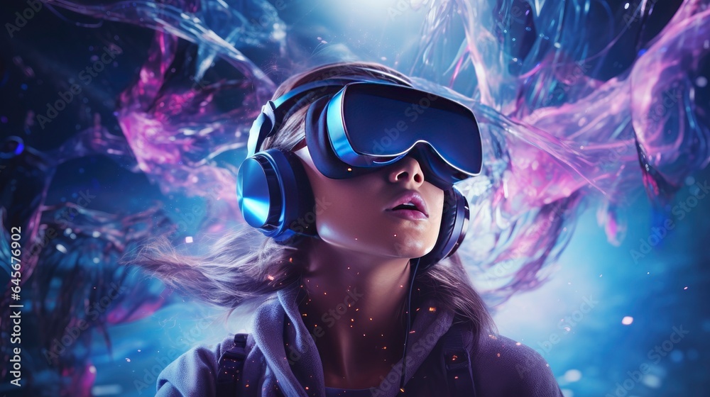 Metaverse digital cyber world technology, people with virtual reality VR goggle playing AR augmented reality game and entertainment, futuristic metaverse gameFi NFT game ideas, Generative AI