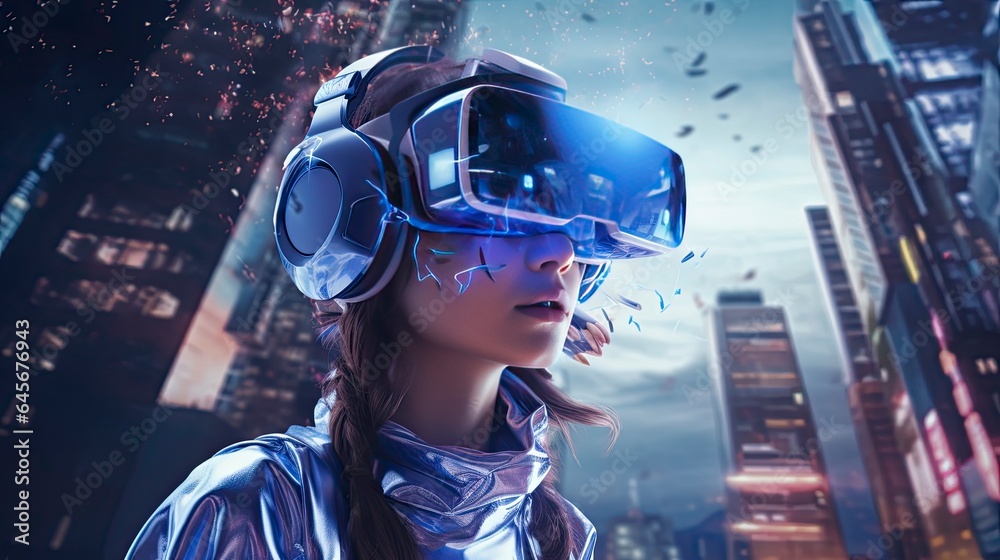 Metaverse digital cyber world technology, people with virtual reality VR goggle playing AR augmented reality game and entertainment, futuristic metaverse gameFi NFT game ideas, Generative AI