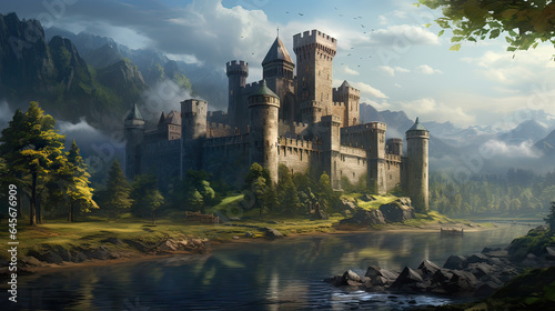 A majestic medieval castle surrounded by a moat.  AI generative