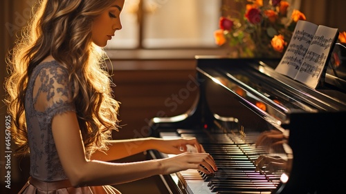 woman practising the piano.