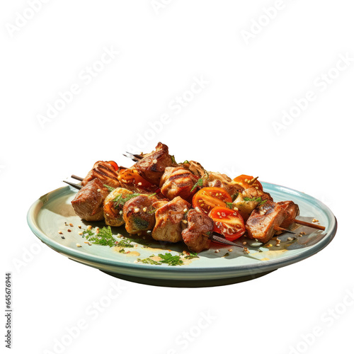 Fresh turkey kebabs with tomatoes and capers on a black platter transparent background