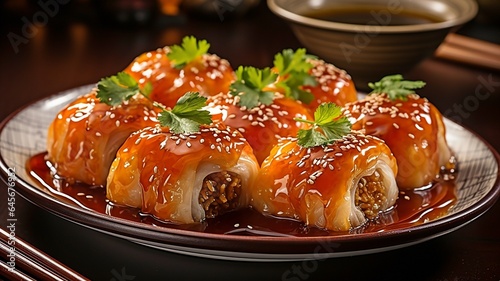 delicious rolls served with chopsticks on a white dish at a wooden table, closeup.