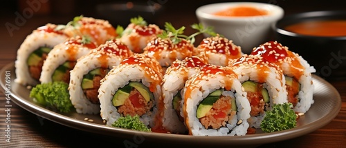 delicious rolls served with chopsticks on a white dish at a wooden table, closeup.