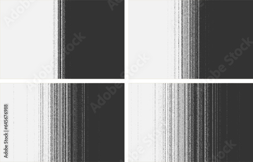 Pack of Noise grain gradient. Smooth transition from black to white. Random arrangement of black and white lines. Halftone vector texture. © Yero06