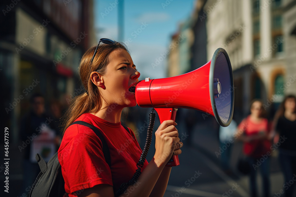 Strong Female Activist Rallying the Crowd During a Strike