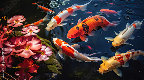 A tranquil koi pond with colorful fish. AI generative