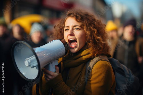 Empowered Woman Leading a Protest with a Megaphone