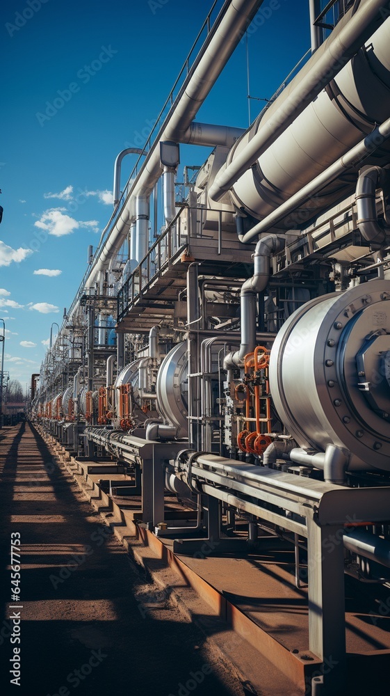 Fototapeta premium Pipelines and pipe rack of an industrial operation producing petroleum, chemicals, hydrogen, or ammonia.