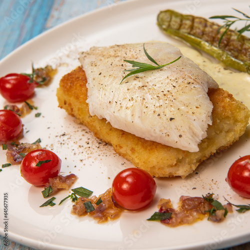 FISH RECIPE, SAINT-PIERRE SEAFISH, FILLET ACCOMPANIED BY PANNE RICE, THAI AUBERGINE, TOMATO, SHALLOT, TARRAGON AND CREAMY SAUCE WITH MUSTARD AND LEMON. High quality photo