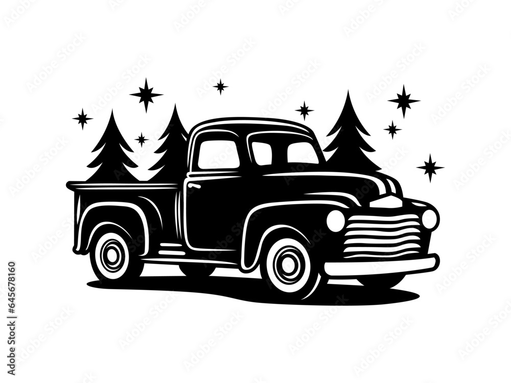 Truck with Christmas trees. Happy Holidays greeting card, poster template. Vector illustration. 