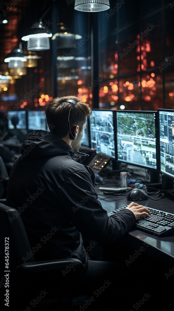 a male security officer stationed in an observation room. a male security officer stationed in an observation room.