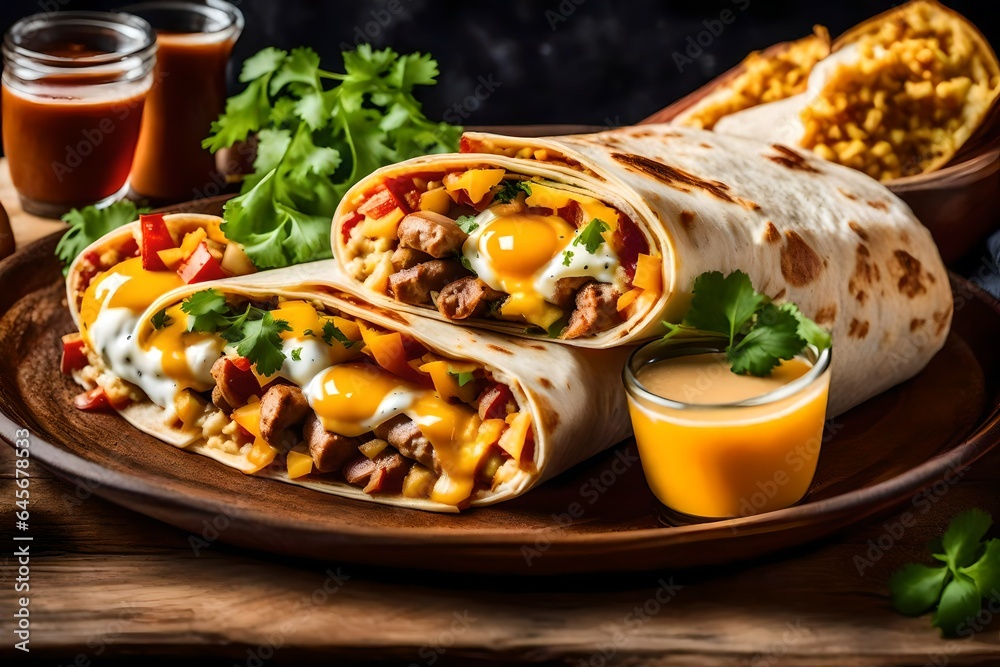 A hearty breakfast burrito with eggs, sausage, potatoes, and cheese.