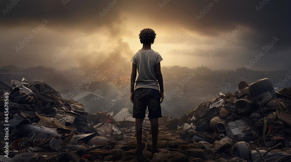 African child at a dump area  - obrazy, fototapety, plakaty 