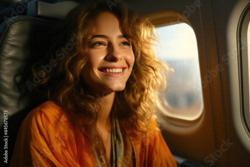 Happy Traveler in Modern Airplane Cabin
