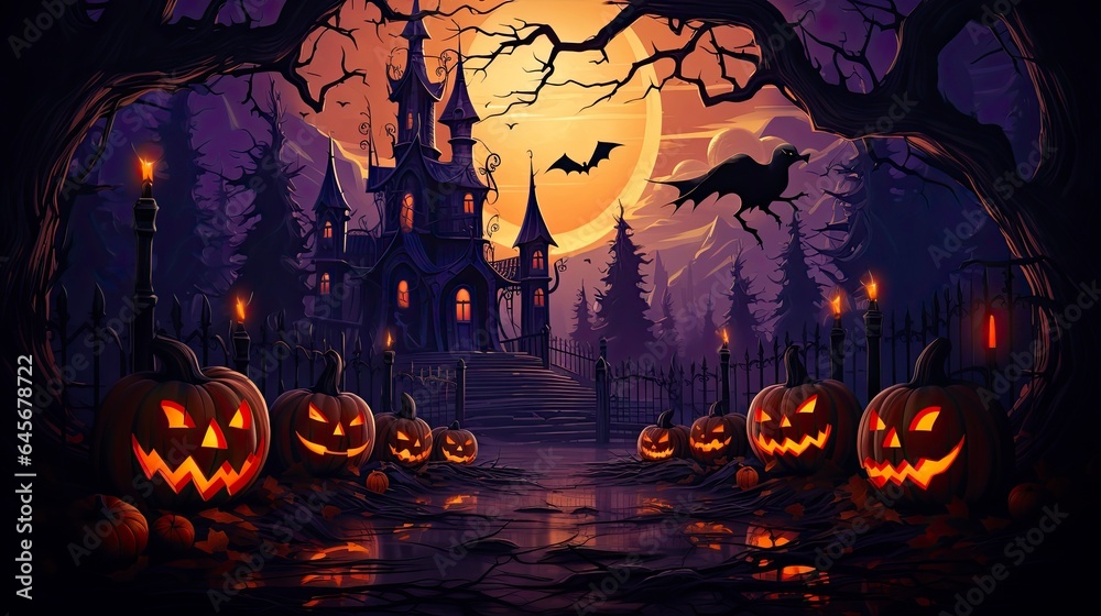 Halloween day card poster ghost pumpkin bat witch tomb castle, Generative AI