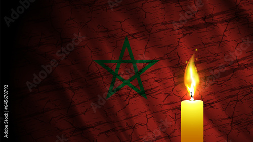Vector mournful banner. A bright burning candle on the background of the Morocco flag. A symbol of sorrow in connection with a terrible earthquake. photo