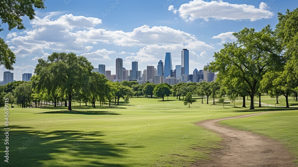city park in the foreground and the skyline of the city in the background.