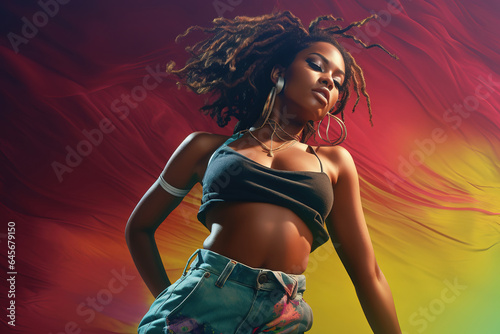 Young Gen Z woman dancing in style of hip hop aesthetics, pop art © lermont51